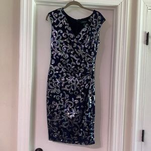 Lauren Ralph blue lace and sequin ruched dress size 4